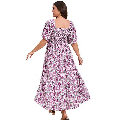 Women's Plus Size Maxi Dress Square Neck Short Sleeve Smocked Casual Summer  Wedding Party Dresses