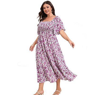 Women's Plus Size Maxi Dress Square Neck Short Sleeve Smocked Casual Summer  Wedding Party Dresses