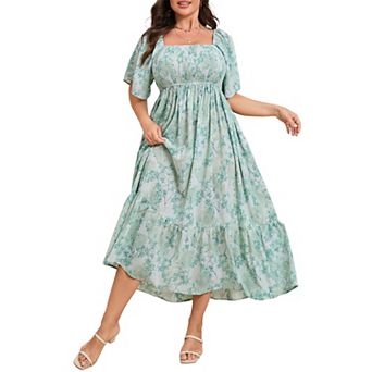 Women's Plus Size Maxi Dress Square Neck Short Sleeve Smocked Casual Summer Wedding Party Dresses