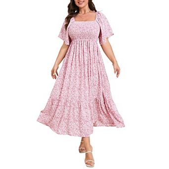Women's Plus Size Maxi Dress Square Neck Short Sleeve Smocked Casual Summer Wedding Party Dresses