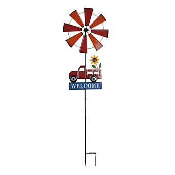 Farmhouse Style Red Farm Truck Windmill Spinner Welcome Garden Stake 72 in
