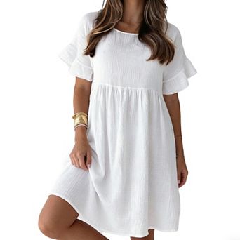 Women's Loose Fit Mini Dress Round Neck Ruffle Sleeve Summer Casual Dress for Daily Wear