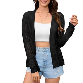 Women's Long Sleeves Crochet Hollow Out Cardigan Sweater Knit Ruffled Hem Open Front Shrugs