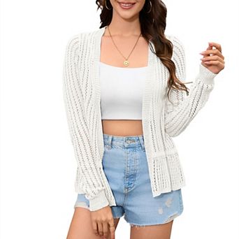 Women's Long Sleeves Crochet Hollow Out Cardigan Sweater Knit Ruffled Hem Open Front Shrugs