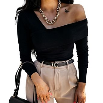 Women's One Shoulder Cross Over Top - Ribbed Knit Long Sleeve Ruched Slim Fit Casual Tight Blouse