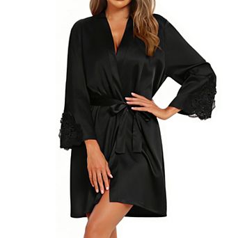 Women's Satin Robe - Lace Trim 3/4 Sleeve Tie-Waist Silky Nightgown Robe