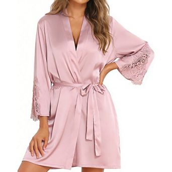 Women's Satin Robe - Lace Trim 3/4 Sleeve Tie-Waist Silky Nightgown Robe