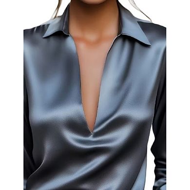 Women's Elegant Satin Silk Blouse Cowl Neck Ruched Front Draped Long Sleeve Work Office Shirt Top