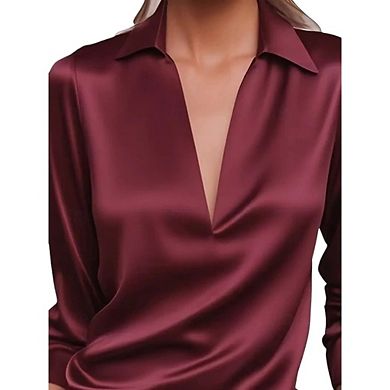 Women's Elegant Satin Silk Blouse Cowl Neck Ruched Front Draped Long Sleeve Work Office Shirt Top