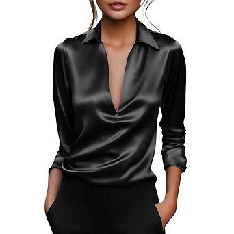 Women's Elegant Satin Silk Blouse Cowl Neck Ruched Front Draped Long Sleeve Work Office Shirt Top