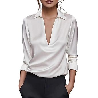 Women's Elegant Satin Silk Blouse Cowl Neck Ruched Front Draped Long Sleeve Work Office Shirt Top