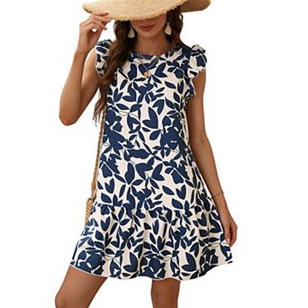 Women's Loose Fit Mini Dress Round Neck Ruffle Sleeve Floral Print Dress for Casual Summer Wear