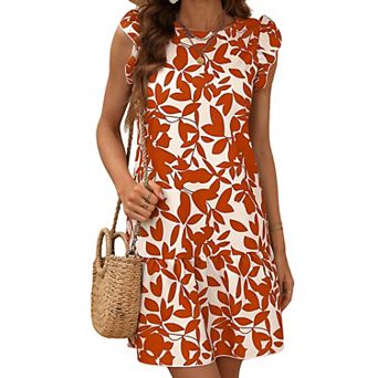 Women's Loose Fit Mini Dress Round Neck Ruffle Sleeve Floral Print Dress for Casual Summer Wear