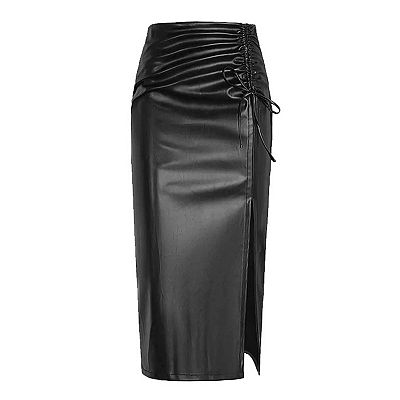 Women's Faux Leather Midi Skirt - Ruched Tie Side High Waist Side