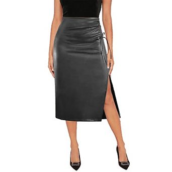 Women's Faux Leather Midi Skirt - Ruched Tie Side High Waist Side Slit Elegant Casual Skirt