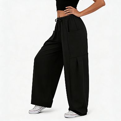 Women's High Waisted Wide Leg Pants Elastic Waist Drawstring Cargo Pockets Casual Trousers