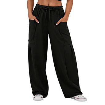 Women's High Waisted Wide Leg Pants Elastic Waist Drawstring Cargo Pockets Casual Trousers