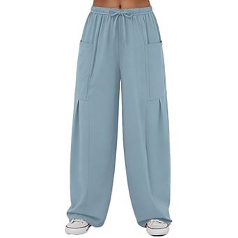 Women's High Waisted Wide Leg Pants Elastic Waist Drawstring Cargo Pockets Casual Trousers