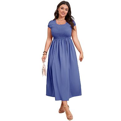 Women's Plus Size Maternity Maxi Dress Summer Round Neck Short Sleeve Smocked Dresses with Pockets