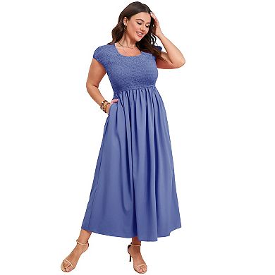 Women's Plus Size Maternity Maxi Dress Summer Round Neck Short Sleeve Smocked Dresses with Pockets