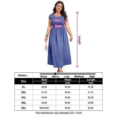Women's Plus Size Maternity Maxi Dress Summer Round Neck Short Sleeve Smocked Dresses with Pockets