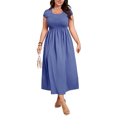 Women's Plus Size Maternity Maxi Dress Summer Round Neck Short Sleeve Smocked Dresses with Pockets