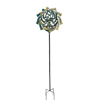 Teal and Yellow Finish Dual Flower Metal Wind Spinner Garden Stake 70 in