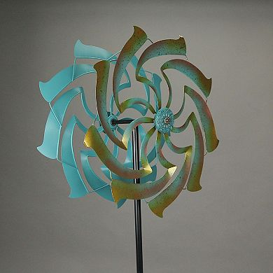 Teal and Yellow Finish Dual Flower Metal Wind Spinner Garden Stake 70 Inches