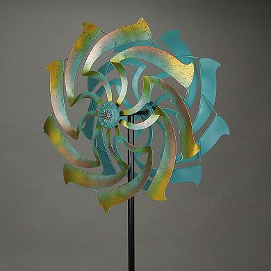Teal and Yellow Finish Dual Flower Metal Wind Spinner Garden Stake 70 Inches