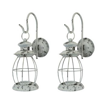 Set of 2 Rustic Distressed Metal Wall Mounted Railroad Lantern Hanging Sconces