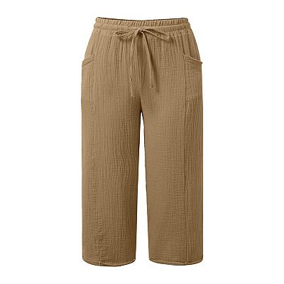Women's Drawstring Elastic Waist Cropped Wide Leg Pants Summer