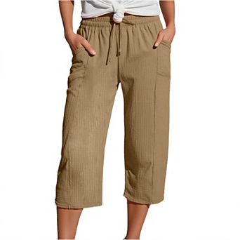 Women's Drawstring Elastic Waist Cropped Wide Leg Pants Summer Casual Loose Fit Pockets Lounge Pants