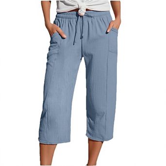 Women's Drawstring Elastic Waist Cropped Wide Leg Pants Summer Casual Loose Fit Pockets Lounge Pants