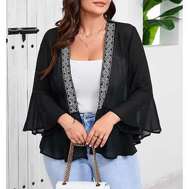 Women's Plus Size Chiffon Open Front Cardigan Bell 3/4 Sleeve Lightweight Shirt Summer Casual Top