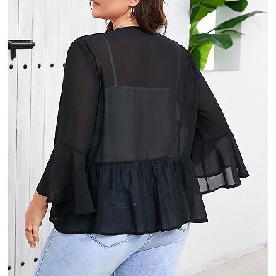 Women's Plus Size Chiffon Open Front Cardigan Bell 3/4 Sleeve Lightweight Shirt Summer Casual Top