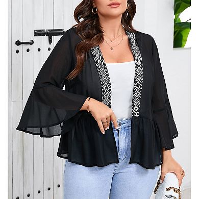 Women's Plus Size Chiffon Open Front Cardigan Bell 3/4 Sleeve Lightweight Shirt Summer Casual Top