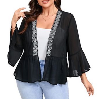 Women's Plus Size Chiffon Open Front Cardigan Bell 3/4 Sleeve Lightweight Shirt Summer Casual Top