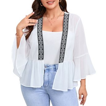 Women's Plus Size Chiffon Open Front Cardigan Bell 3/4 Sleeve Lightweight Shirt Summer Casual Top