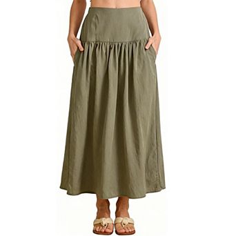Women's High Waist Maxi Skirt - Pleated Flowy A-Line Casual Long Skirt with Pockets