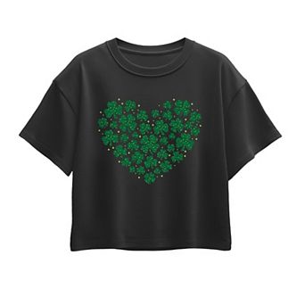 Girls 7-16 Leopard Print Shamrock & Clover Heart Boxy Tee