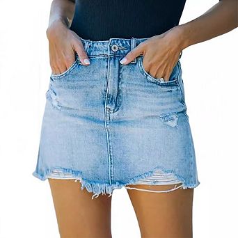 Women's High Waist Denim Mini Skirt Light Wash Ripped Frayed Hem Jeans Casual Jean Skirt with Pocket