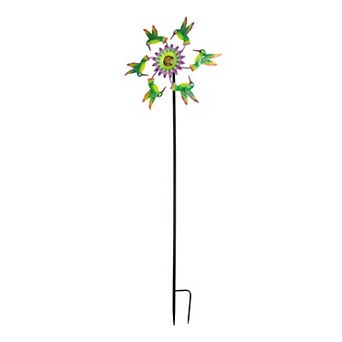 Metal Hummingbirds and Flower Garden Twirler Wind Spinner Stake 70 in High