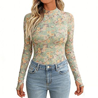 Women's Floral Sheer Turtleneck Top Long Sleeve Slim-Fit Mesh Layering Blouse