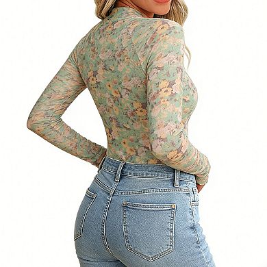 Women's Floral Sheer Turtleneck Top Long Sleeve Slim-Fit Mesh Layering Blouse