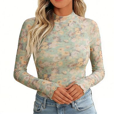 Women's Floral Sheer Turtleneck Top Long Sleeve Slim-Fit Mesh Layering Blouse