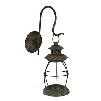 Distressed Metal Wall Mounted Railroad Lantern Hanging Candle Sconce Black