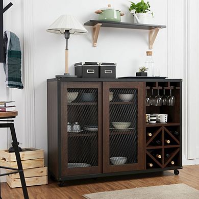 ENITIAL STAR Alan Wood Multi-Storage Buffet with Casters in Walnut