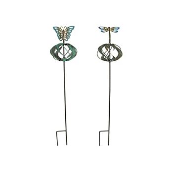 Set of 2 Metal Garden Stake Wind Spinners Kinetic Yard Butterfly Dragonfly