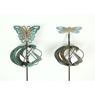 Set of 2 Metal Garden Stake Wind Spinners Kinetic Yard Butterfly Dragonfly