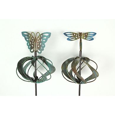 Set of 2 Metal Garden Stake Wind Spinners Kinetic Yard Butterfly Dragonfly
